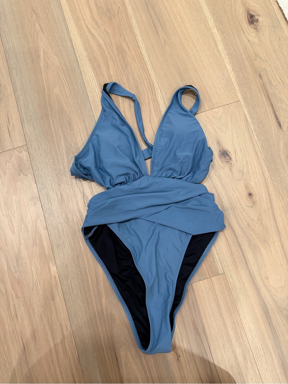 Amazon Women's One-Piece Swimsuit in Dusty Blue with Wrap Waist